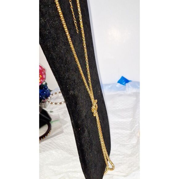 Gold Tone Rope Chain Lariat Necklace Extra Long Elegant Knotted Eveningwear - Picture 11 of 11